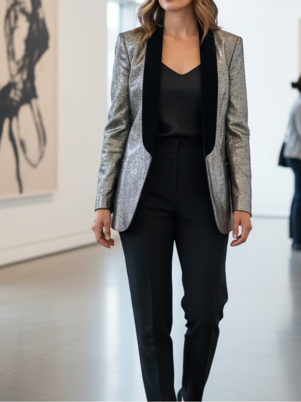 Mural Silver Metallic Blazer with Black Trousers